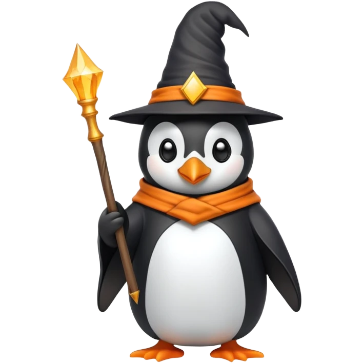 Penguin wearing a wizard hat and robe holding a magic wand emoji