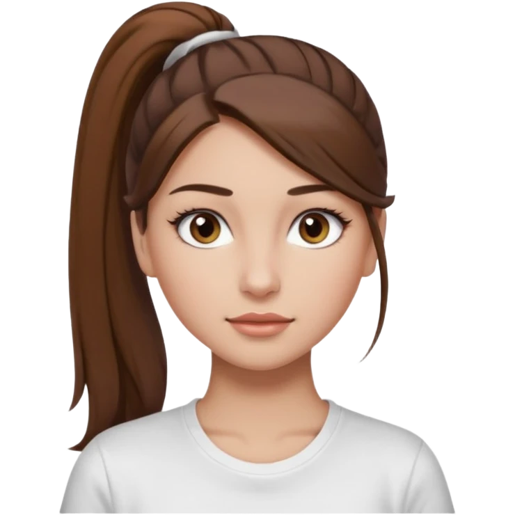 Chica de pelo con una cola de clean look  y marrón con ojos color marrón  y una camiseta blanca y la piel blanca con pestañas y maquillada clean look  emoji
