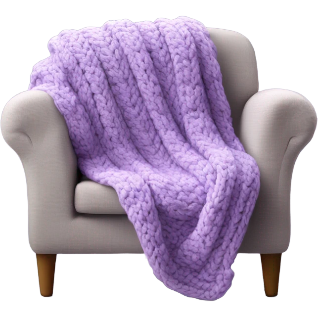 Design an inviting emoji of a chunky knit blanket folded on a comfy chair, with , evoking a cozy home setting.light purple emoji
