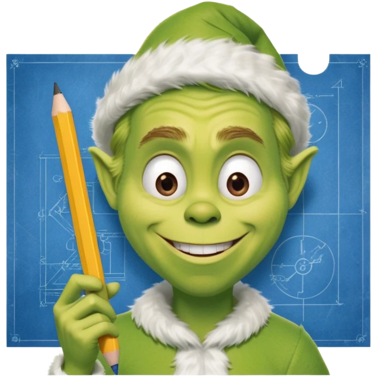 a man holding a pencil over a blueprint, grinning deviously like the Grinch emoji