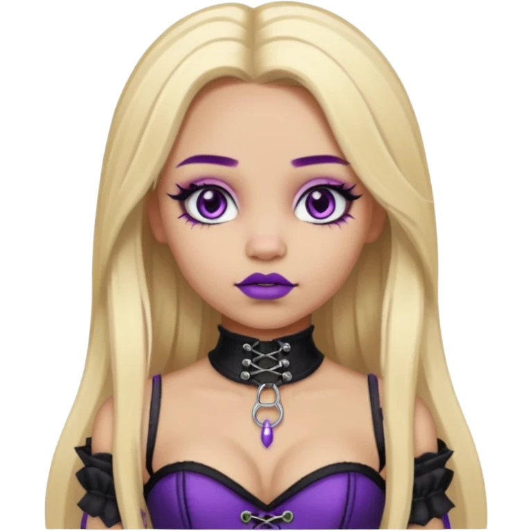 Ai light skin girl , who has straight long length blonde hair with heavy purple streaks , hazel eyes , and doll like makeup , with a septum piercing, in a black corset emoji emoji