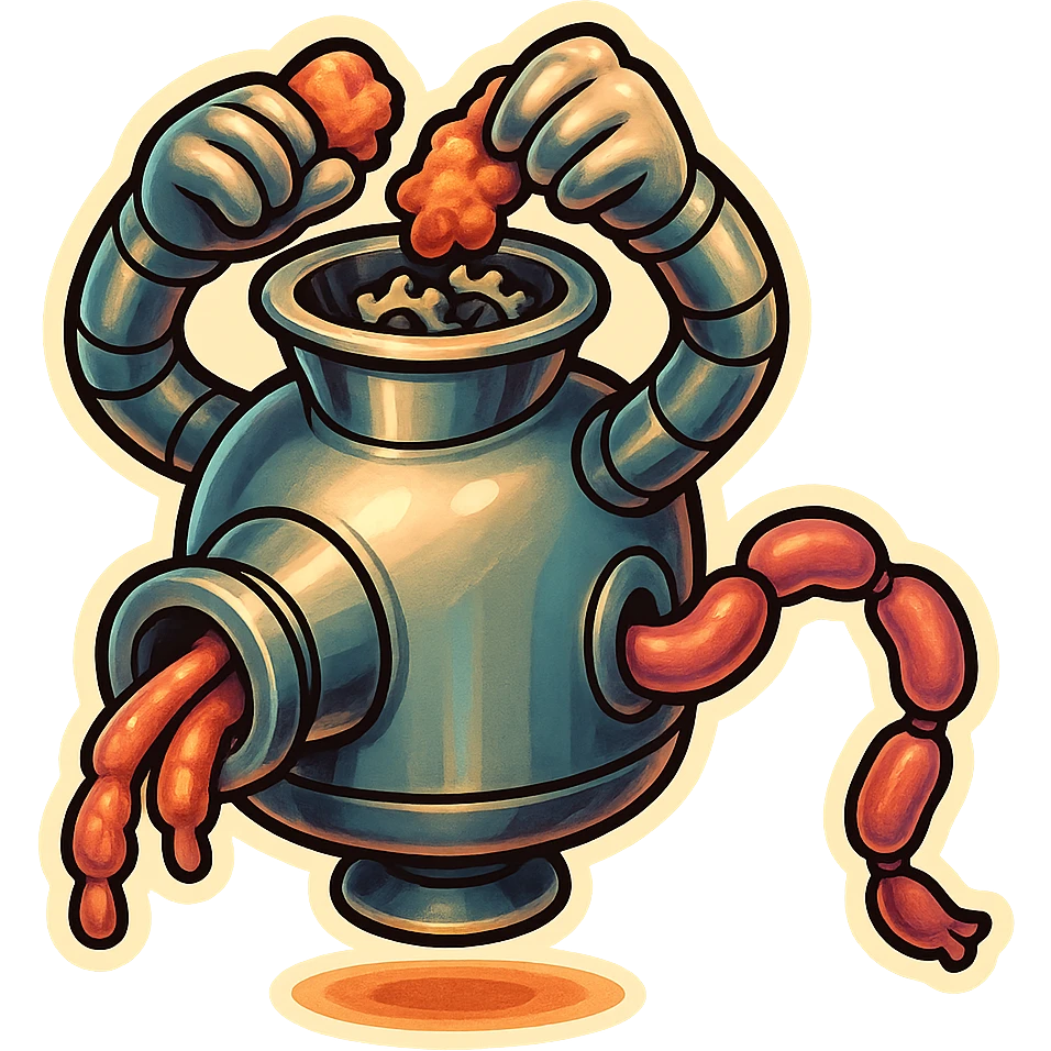 hovering robot. stuffs material into large hole on its top with 2 arms. no head. hole is where a head would be. spinning gears and blades in hole grind material. sausage links come our of hole on backside.  3/4 view. between realism and cartoon. well lit. no dramatic lighting. metallic shiny robot. works diligently. dark humor emoji