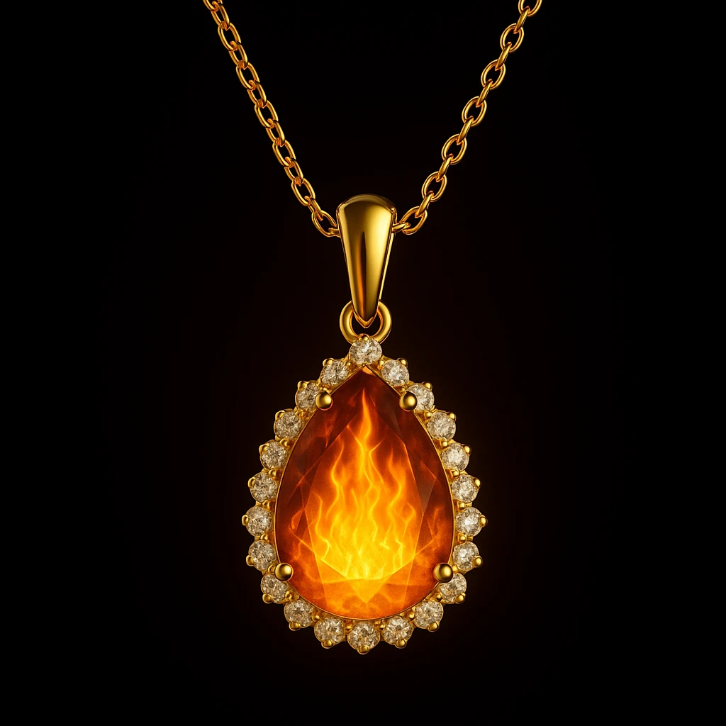 Add a yellow fiery light to the teardrop ruby pendant, representing transformation and rebirth emoji