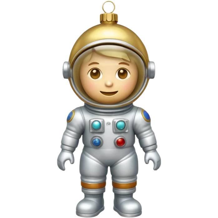Apple iOS style 3D emoji of a vintage Soviet glass Christmas ornament shaped like a little astronaut. Shiny metallic paint, iridescent glass reflections, slightly distressed gold details. High-end
3D render, nostalgic aesthetic, isolated on a solid white background, 8k. emoji