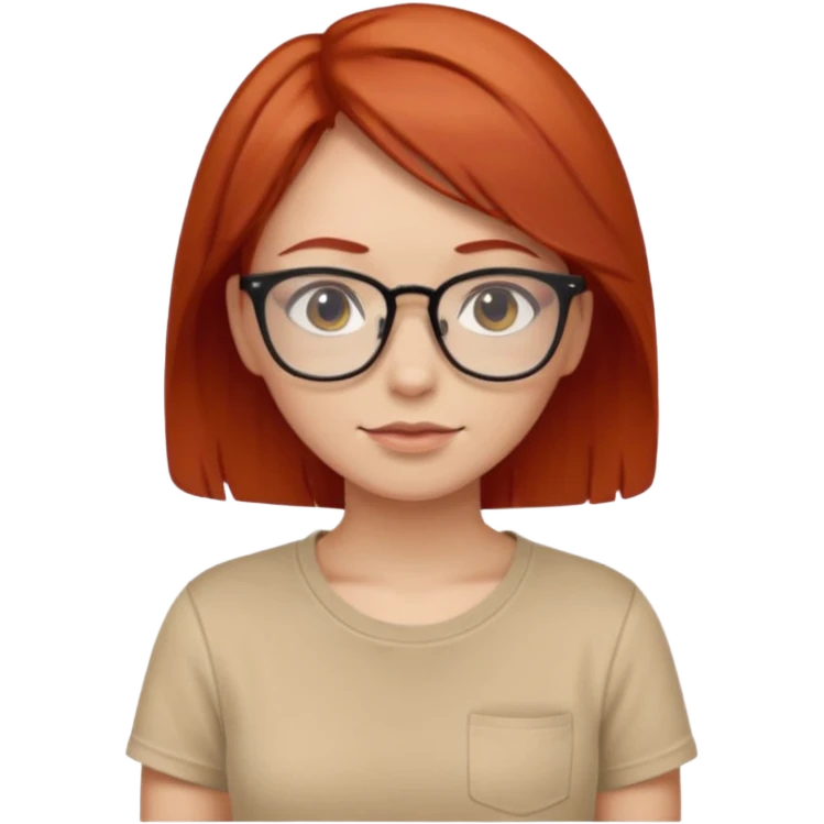 girl short-layer-red-hair wear beige T-shirt, wear glasses emoji