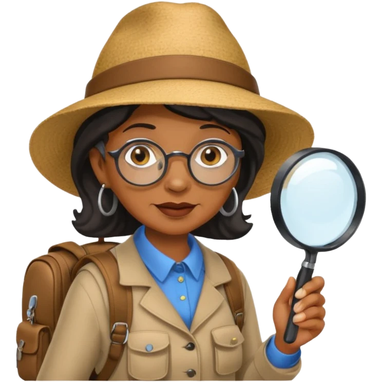 Explorer old black woman with hat and magnifying glass and backpack, portrait emoji