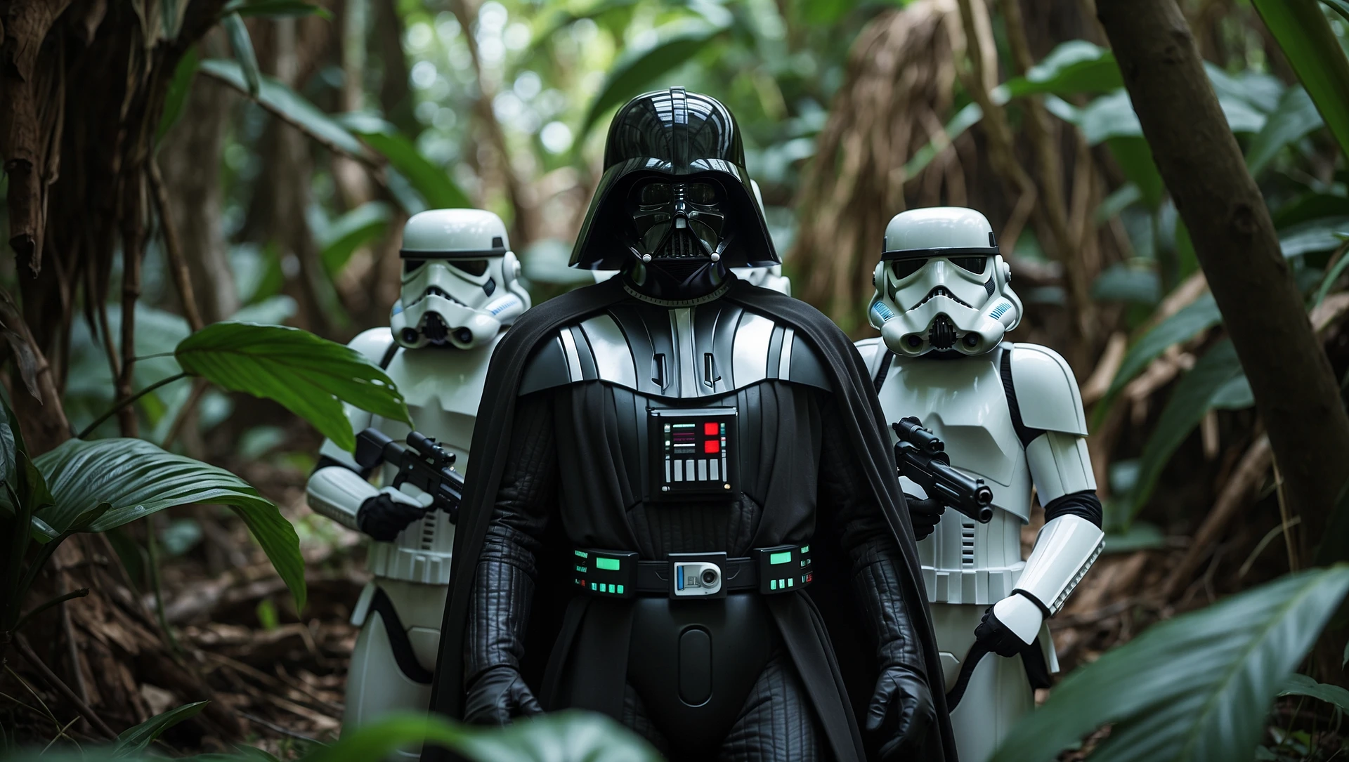 cinematic still, Closeup shot, amazon jungle, Darth Vader around stormtroopers is exploring the jungle, captured by arri alexa emoji