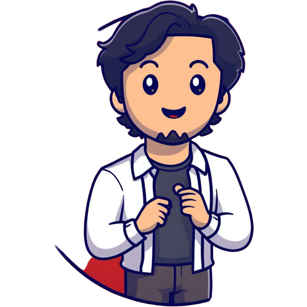 Management educator with black wavy hair, stubble, strong features, white skin, smart casual attire, presenting a powerful TED talk about business innovation, animated speaking pose on iconic red circle stage, innovation-themed visuals emoji