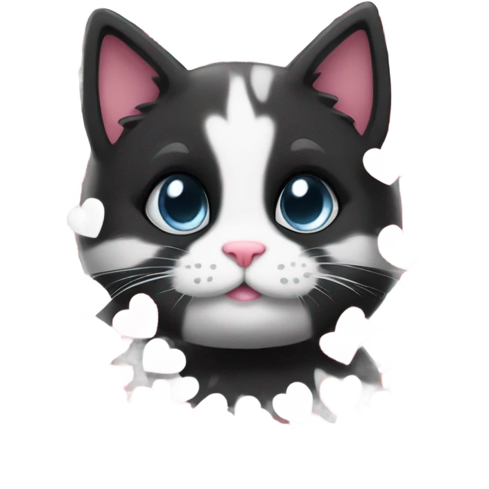 Intelligent cute black and white cat with love  hearts emoji