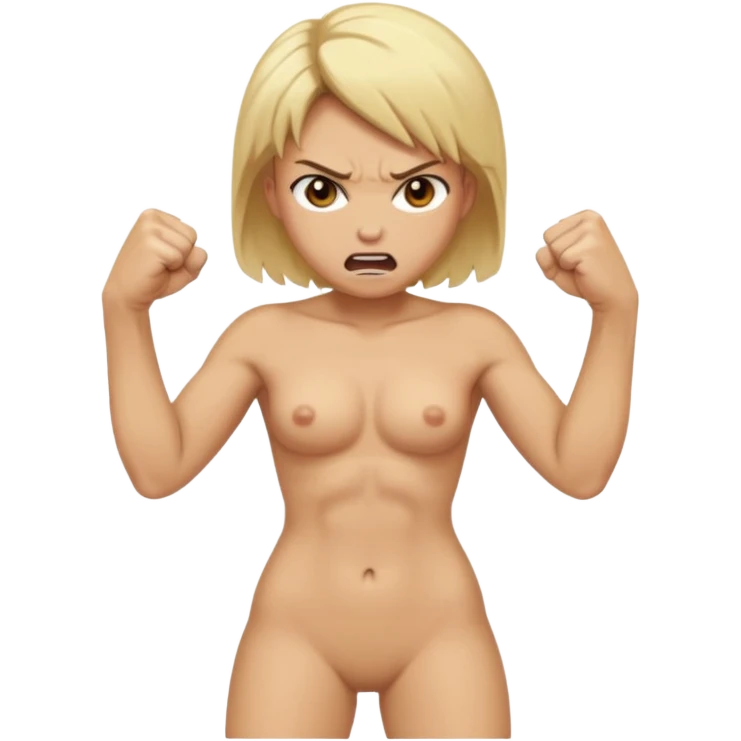 Woman in her 50s, blonde hair, massive boobs, massive ass, full body, naked, Futa, is angry.  emoji