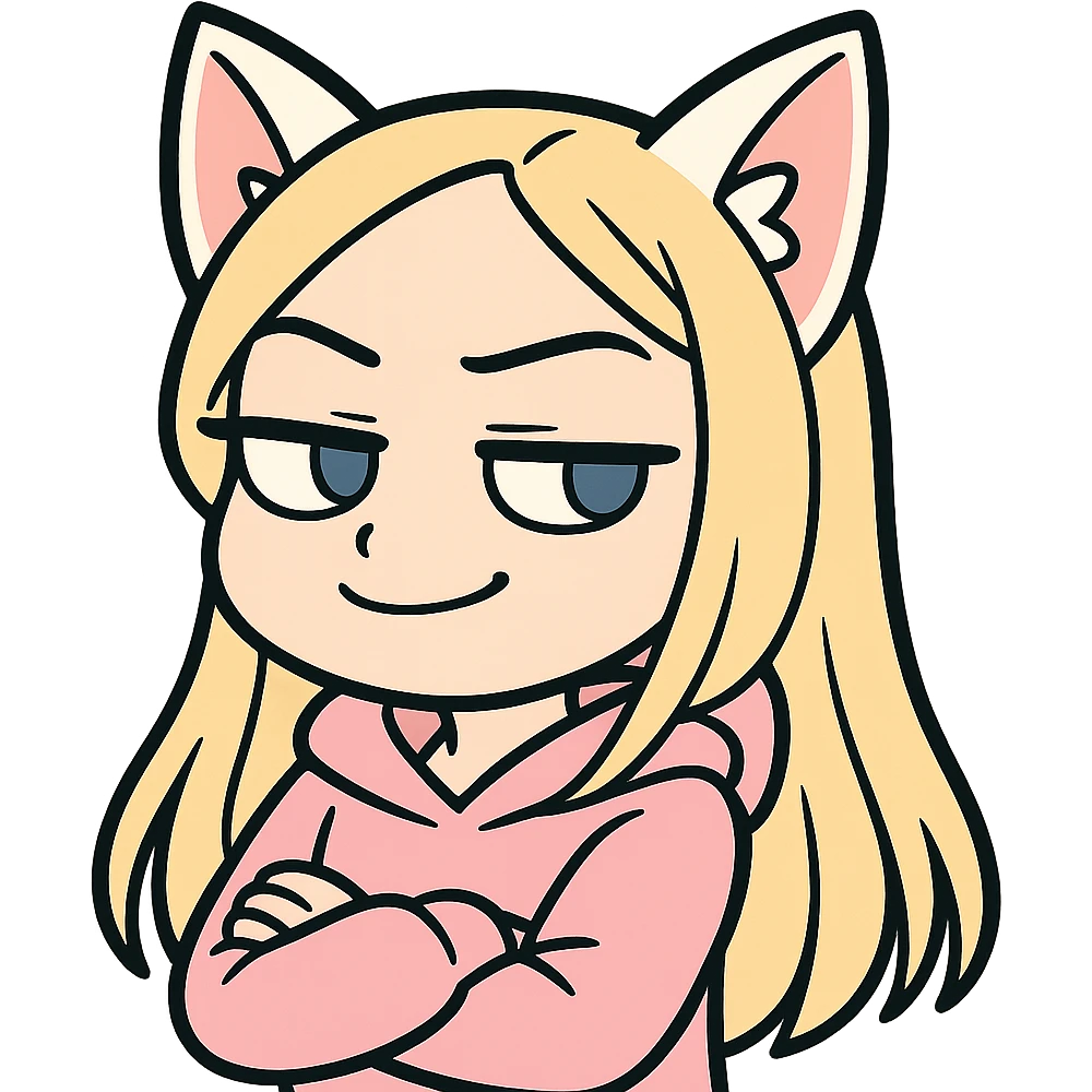 chibi anime catgirl Twitch emote, white cat ears, blonde extremely long hair, blue eyes, white skin, cute, pastel pink hoodie, smug expression emoji