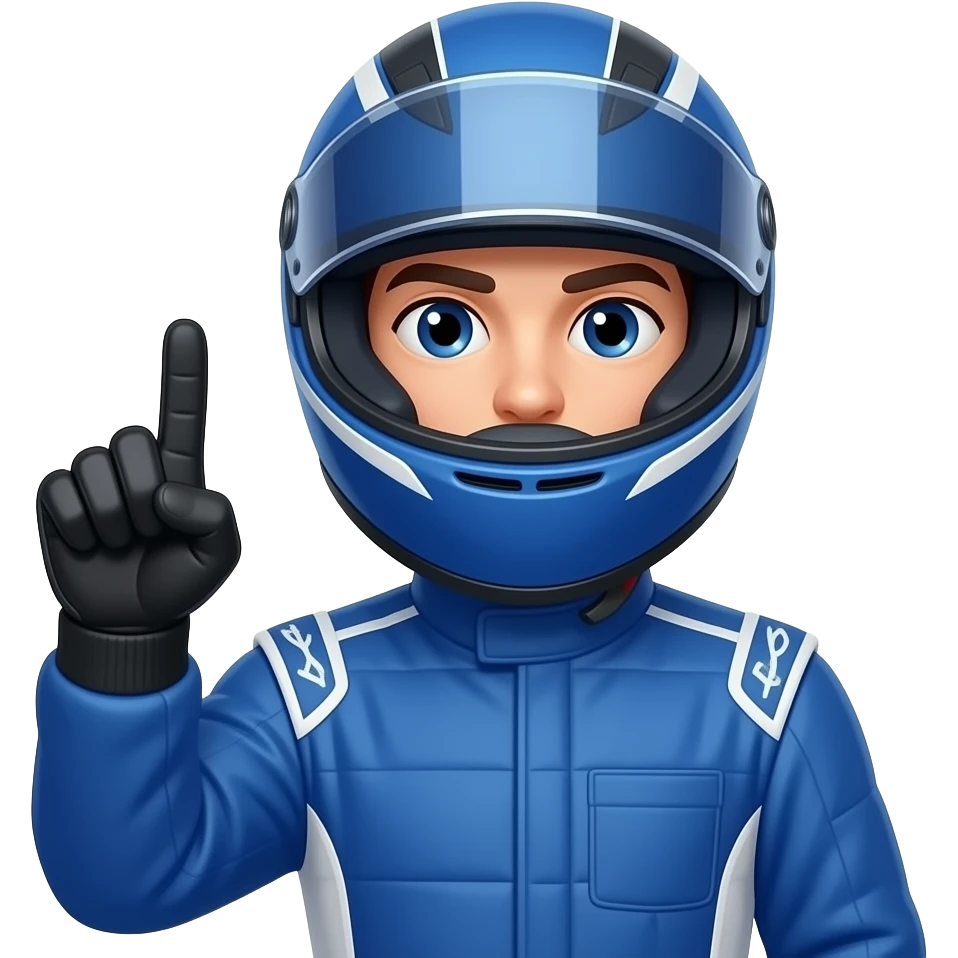 f1 racer posing with blue costume, using blue costume and helmet, make word p with hand emoji
