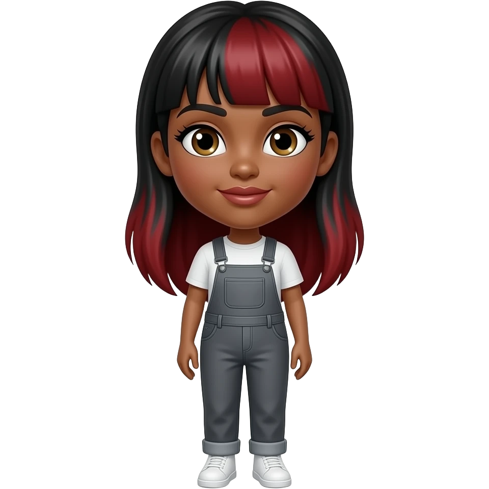 Cabello negro con rayos rojos chocolate,ojos cafes claros,color morena pestañas grandes,labios gruesos,Cejas negras,nariz redonda,estatura 1.60 ropa overzais color gris zapatos blancos emoji