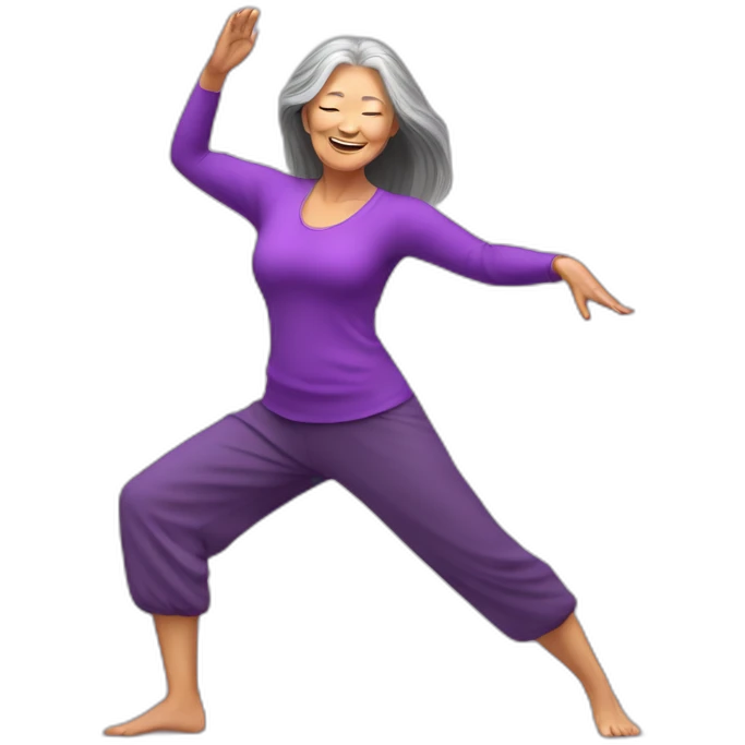 Long hair Asian senior woman in sexy purple yoga cloth dancing Zumba emoji