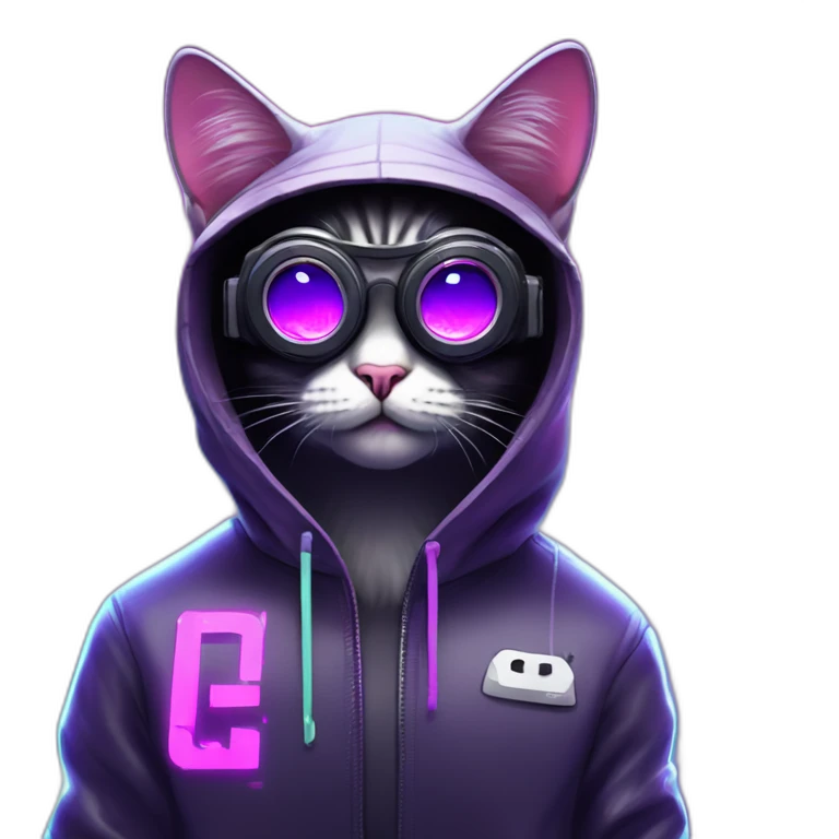 Russian cat wearing a black hoodie with "OMG" letters on it and VR headset in a cyberpunk VR environment with violet neon lighting. emoji