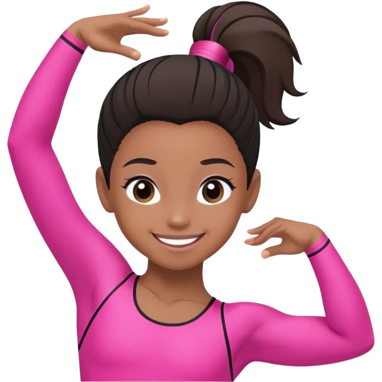 "A gymnast in black and minimal pink outfit with a smile and a look of surprise (normal skin) emoji