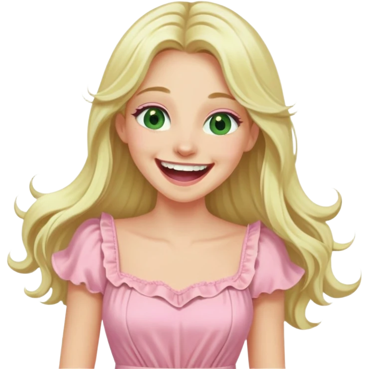 blonde with long hair and swamp eyes in a pink pastel dress, laughing emoji