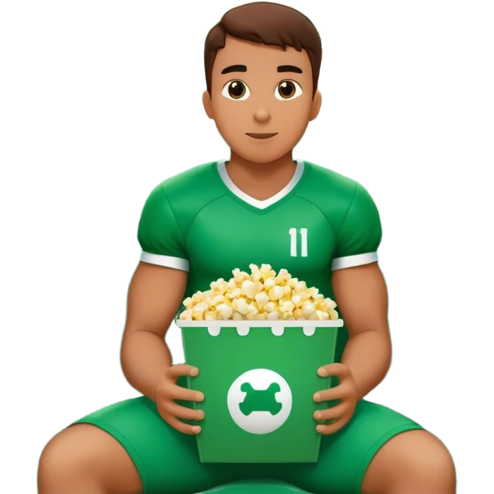 A football player sitting in the stands and watching the game with popcorn in super large green box emoji