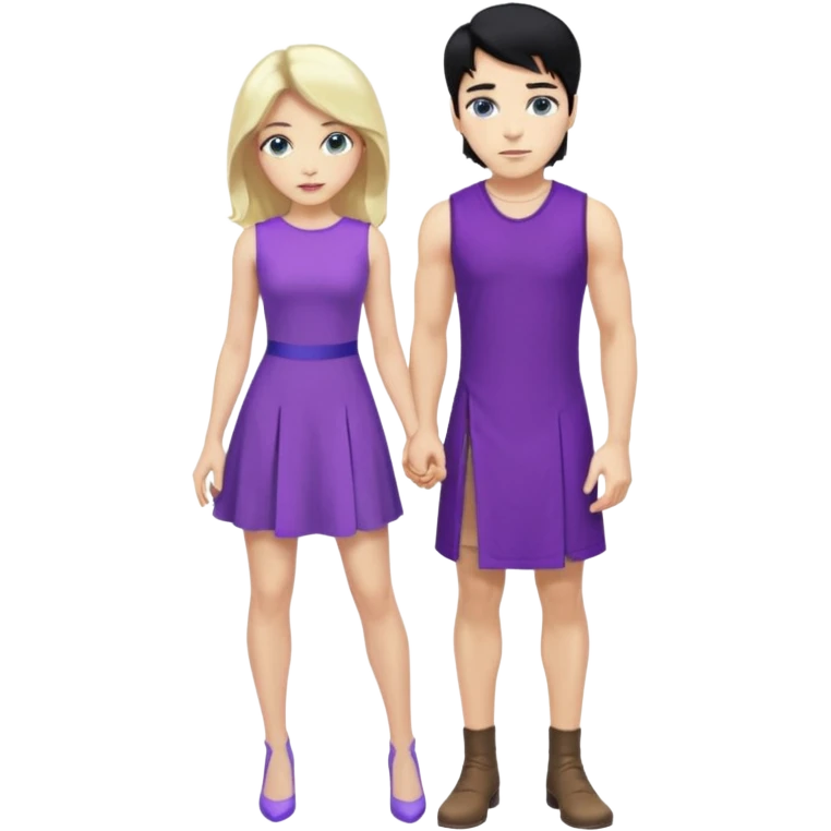 prince, standing upright, black Hair, blue eyes, garment,  woman, bending knee, sleveless white dress, blonde hair, green eyes, emoji