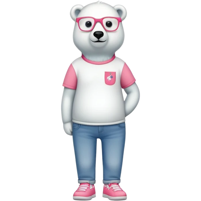 friendly anthropomorphised polar bear standing upright, chilled and unbothered, wearing a shirt, jeans, trainers, glasses with flamingo frame design emoji