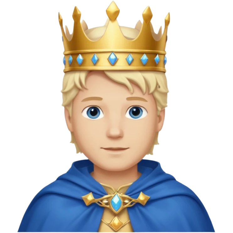 1 White king, blond hair, blue eyes, kind and benevolent vibe, gentle smile, wearing a crown and blue cloak emoji emoji
