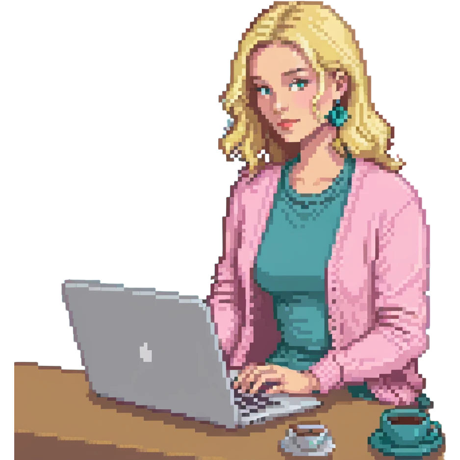 blonde woman in a pink cardigan working on a laptop emoji