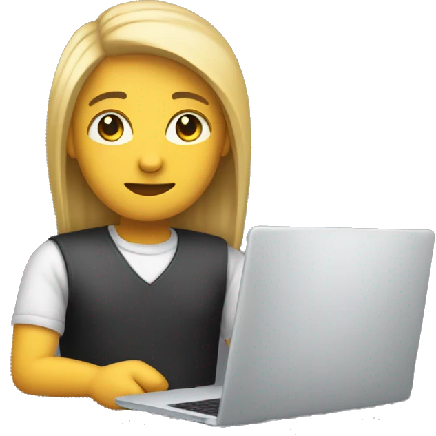Create a developer emoji with not so white skin and straight hair, featuring a laptop, coding symbols, and a friendly expression emoji