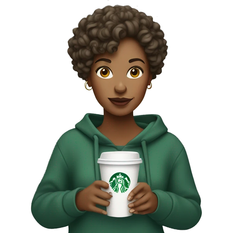 A woman wearing a sweatshirt with curly hair holding a Starbucks cup with two hands emoji