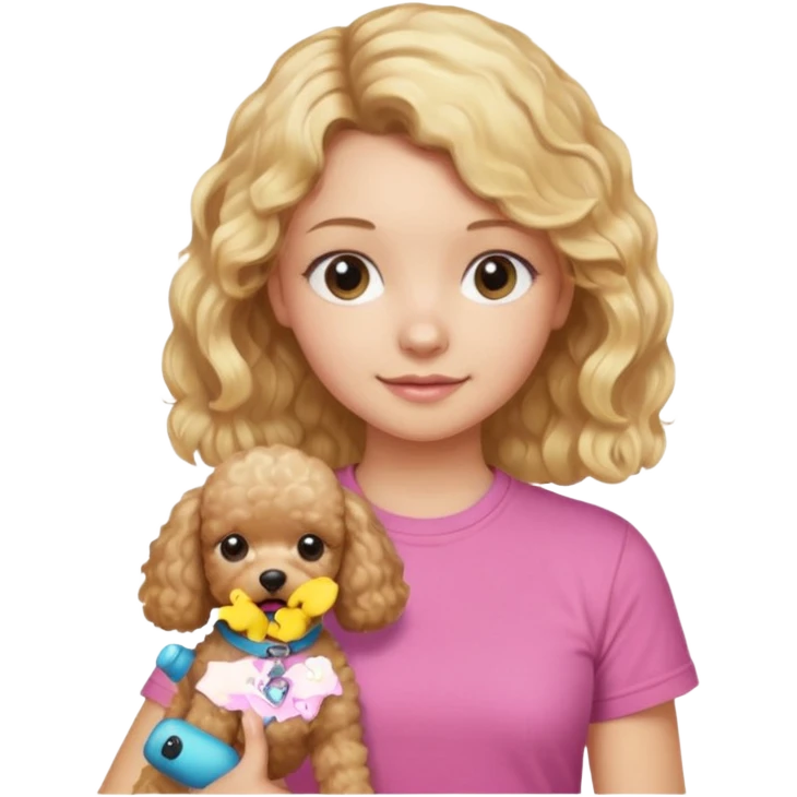 hazme un emoji que sea una niña rubi con el pelo ondulado i una camiseta rosa que ponga brownie, i acariciando a un perro (caniche toy) si pero con el pelo mas largo i no tan rubia emoji