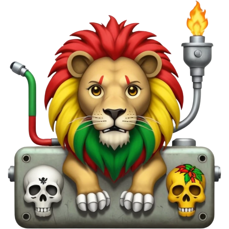 Create a power station with a rasta cap on with red gold green grafite of a lion and skulls with Fred the fossibot grafted on it emoji
