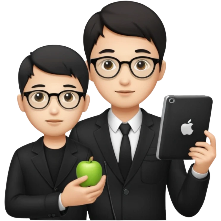 a asia white man guy his 26olds wearing an apple notebook, wearing bodyguard radio operator, round glasses, black clothes emoji