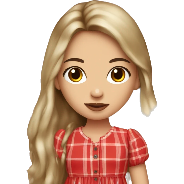 Pretty peach skin brunette woman with doll eyes and long flowing hair and red rosy cheeks in red plaid babydoll dress emoji