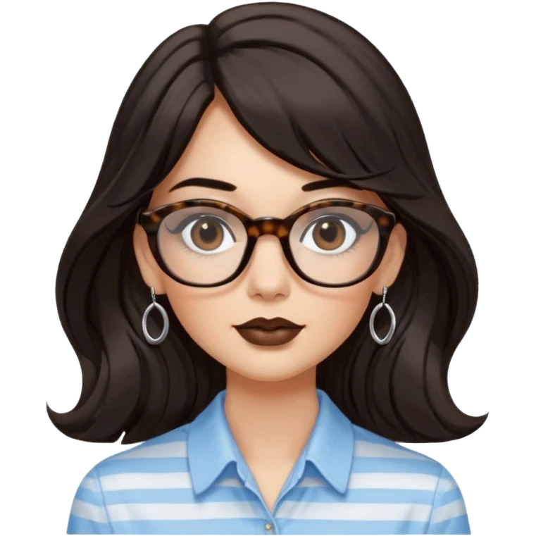 An emoji featuring a woman with very long wavy dark brown hair and a whispy straight bang, wearing thick tortoise square shaped glasses, drop earrings. She has long lashes, black eyeliner and a nude browny glossy lipstick. She's wearing an oversize light blue shirt with white vertical strips.  emoji