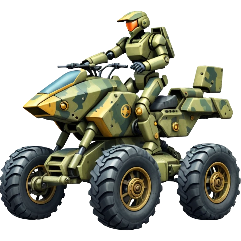 a 4-wheel camouflage army massive mech motorcycle shooting forward enemy mech off-road racing motorcycle  emoji