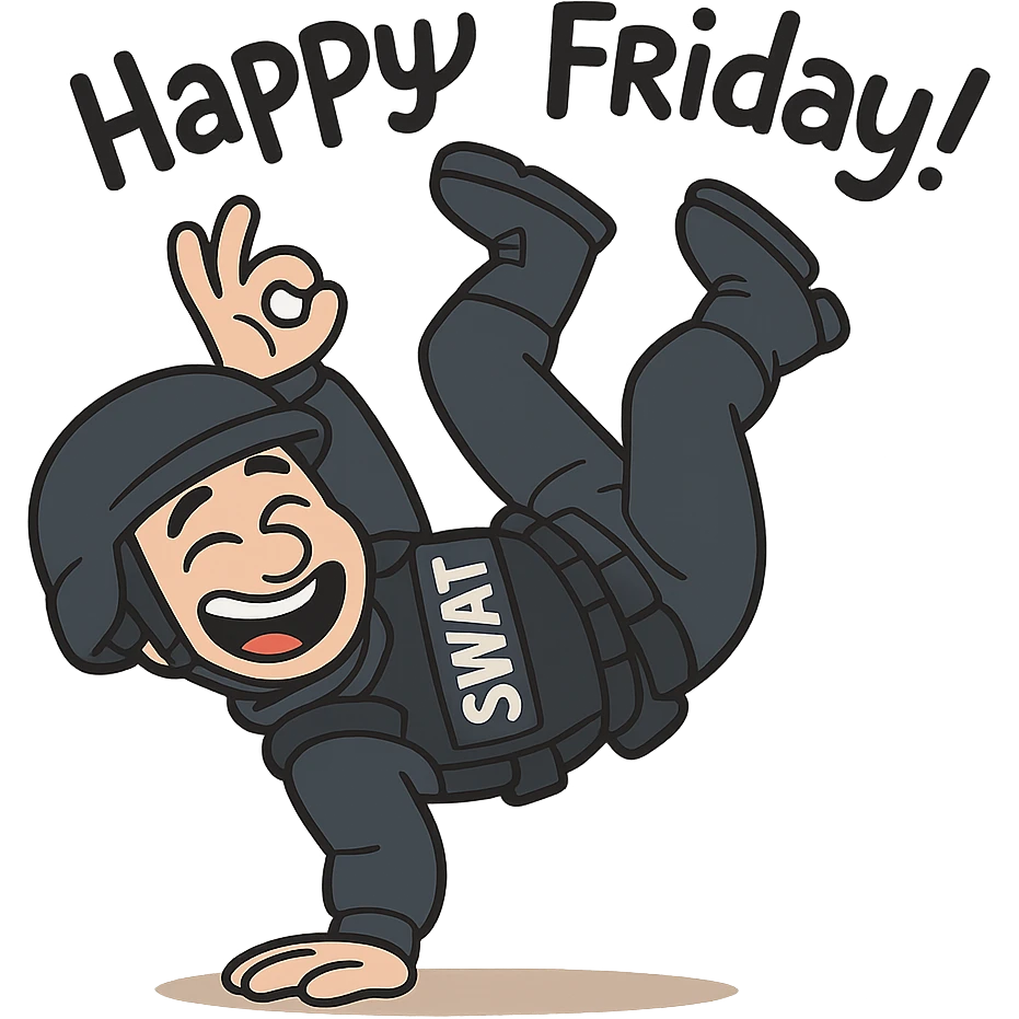 flat toon style SWAT officer breakdancing, happy Friday mood emoji