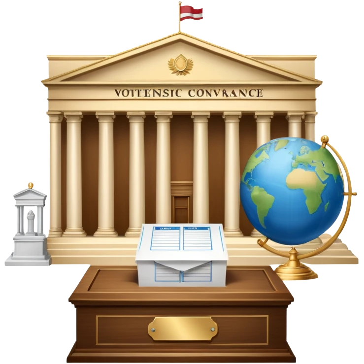 An icon featuring a ballot box with a voting paper, a government building with columns, and a scale of justice, symbolizing political science. The design includes a world map in the background, representing global political systems. Transparent background highlights governance and civic studies. emoji