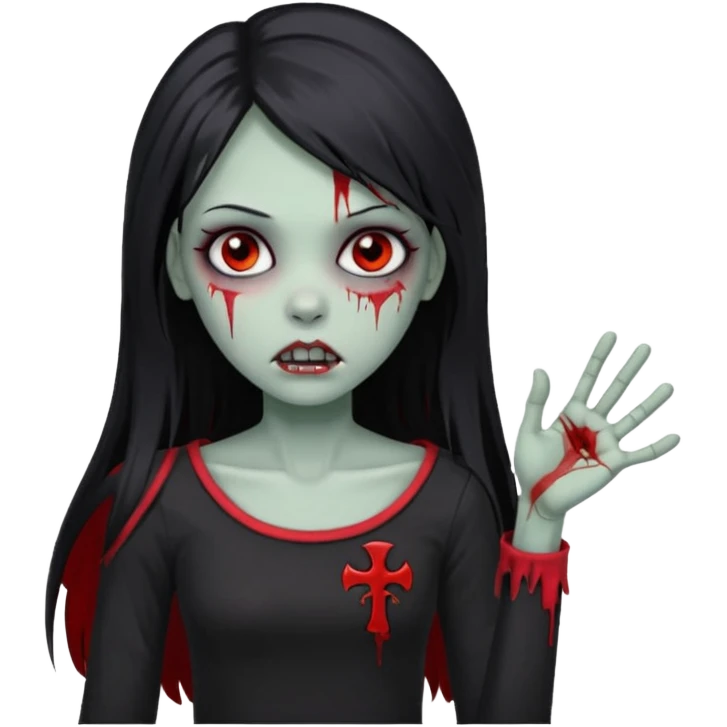 Garota zumbi com cabelo todo preto liso longo e mechas vermelhas na lateral da cabeça dos dois lados, usando uma blusa com um lado da manga caida preta  emoji