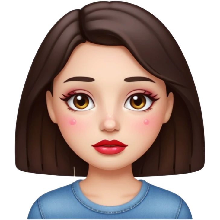 “Emoji brunette girl, dewy skin, heavy blush across cheeks and nose bridge, glossy cherry lips, soft eyeliner, teary sparkling eyes like hanni from new jeans emoji