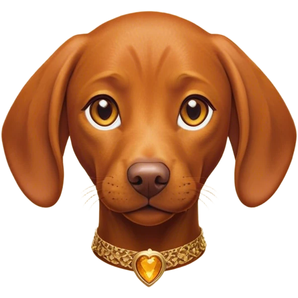 Cinematic Cute Vizsla Portrait Emoji, Head tilted playfully and inquisitively, featuring a sleek rust and gold Fur with a natural sheen, round, sparkling amber eyes filled with curiosity, Simplified yet irresistibly adorable features, highly detailed, glowing with a warm, friendly glow, high shine, affectionate and spirited, stylized with a touch of whimsy, bright and endearing, soft glowing outline, capturing the essence of a mischievous yet loving companion, so playful it feels like it could dash out of the screen and into your arms! emoji