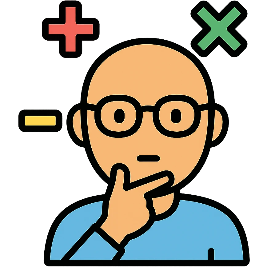 bald man with glasses, thinking, math symbols floating above his head emoji