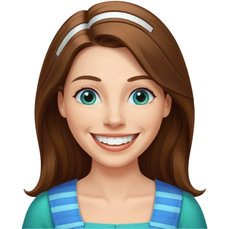 40 yr Caucasian woman, long brown hair parted on side, white stripe in hair, blue green dress ,big smile, white teeth, dimples, blue eyes emoji