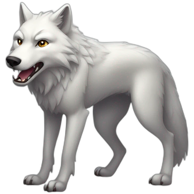silvery-white, bipedal wolf with an elongated snout, gray "mask" marking on his face and sharp teeth emoji