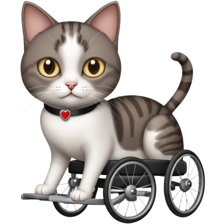 full body small short hair dark brown and white cat with hazel eyes walking in a wheelchair for cats emoji