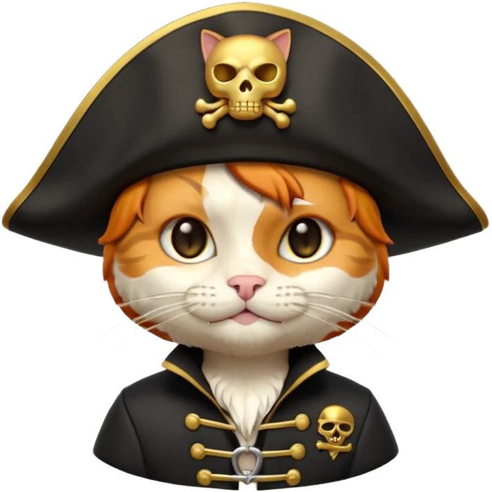 Premium 3D emoji icon of a cute ginger cat pirate, wearing a **pristine white** satin pirate hat with a gold skull icon, and a black and gold captain's jacket. Glossy finish, claymorphism style, soft studio lighting, isolated on white background, 8k resolution, stylized professional look --v 6.0 emoji