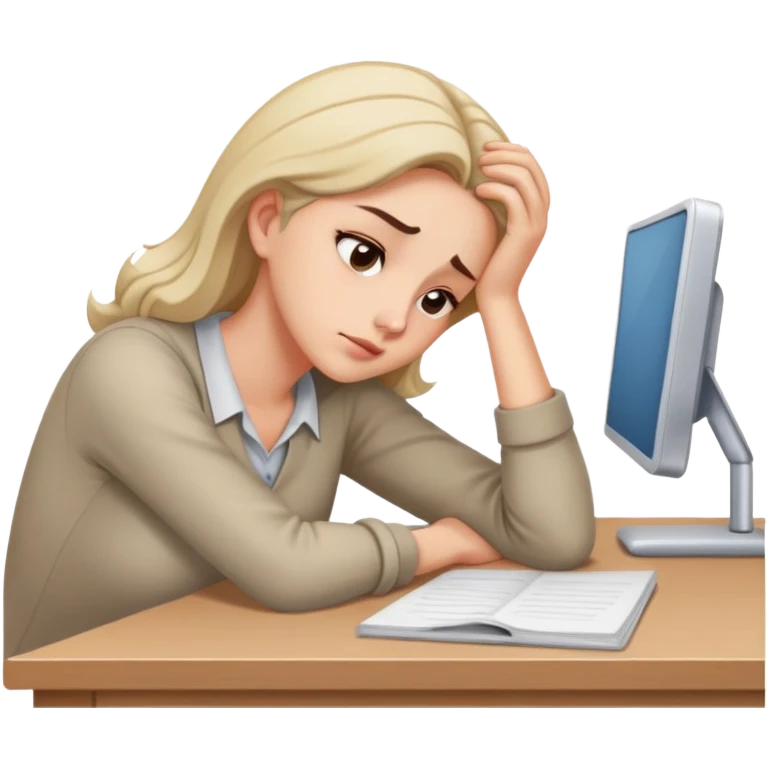 Tired woman leaning head on one hand, elbow on desk emoji