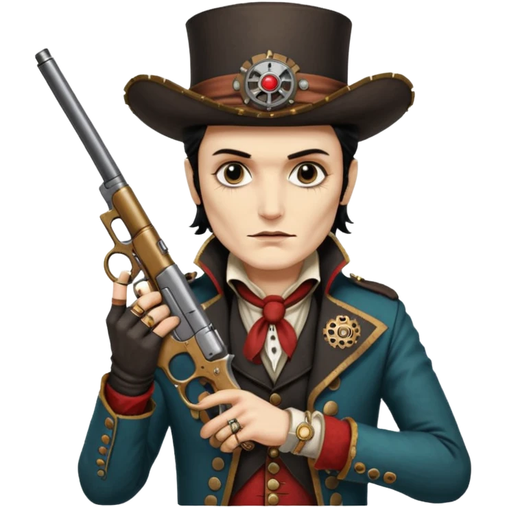 Adam Ant  painted with Indian war colors  is wearing like a highwaymen, holds two steam punk retro guns in his hands emoji