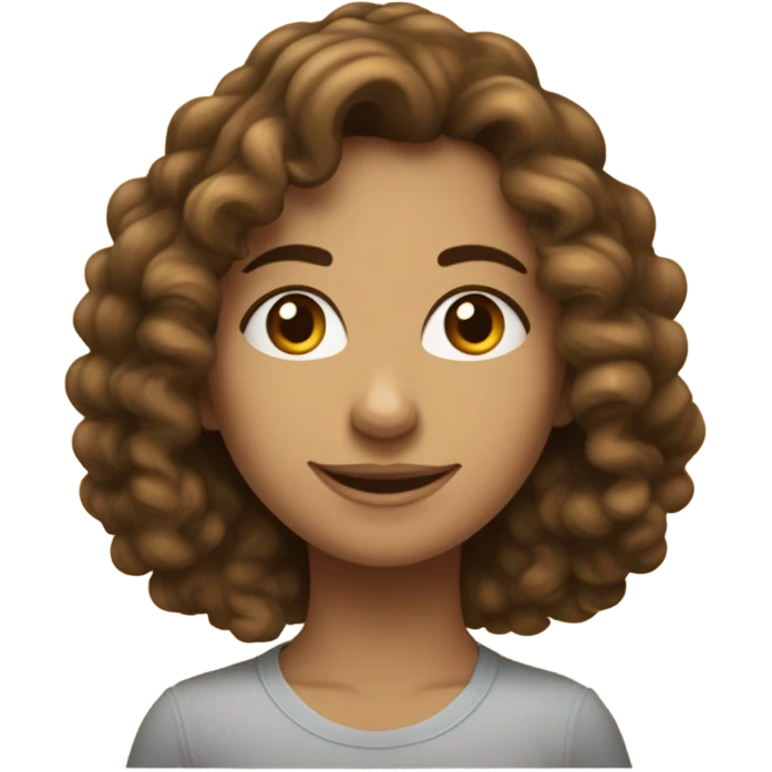 femme avec des cheveux bouclés, bruns et volumineux, légèrement tirés vers l'arrière. Le visage a une expression douce et tranquille, avec des yeux sombres et un léger sourire. emoji