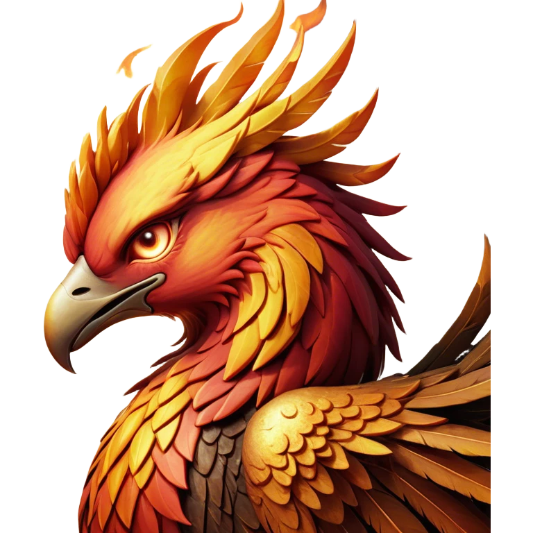Cinematic Battle-Hardened Mystical Fire Phoenix Portrait Emoji, head bowed slightly in a moment of raw resilience, revealing a form etched with the wear of relentless conflict. Ragged, scorched plumage and half-closed, determined eyes speak to battles fought and won. Rendered with authentic detail and dramatic natural light that accentuates every scar and burn, high shine, this portrayal blends vulnerability with hardened strength, outlined in a soft glow that captures the essence of a phoenix tempered by the fires of combat. emoji