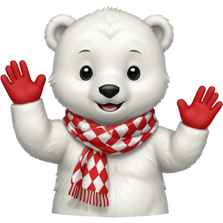 baby Polar Bear, smiling, hi five, wearing red Checkered Triangle scarf emoji
