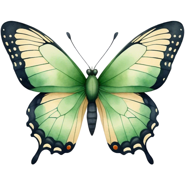 A minimalist watercolor illustration of a butterfly with green hues and fine details, set against a soft beige canvas.
 emoji